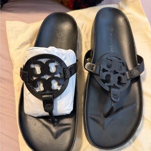Tory Burch Black Leather Logo Thong Sandals